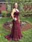 Burgundy Lace Tulle Appliques Spaghetti Straps Mermaid Long Evening Prom Dresses, MR7655