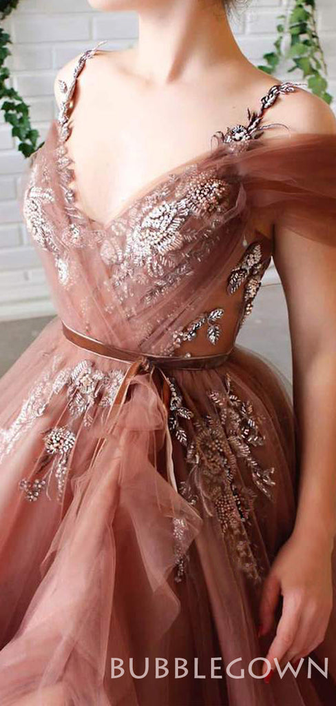 A-line V-neck Spaghetti Straps Tulle Appliques Long Evening Prom Dresses, Cheap Custom Prom Dress, MR7657