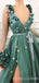 A-line V-neck Long Sleeves Green Tulle 3D Appliques Long Evening Prom Dresses, Cheap Custom Prom Dress, MR7666