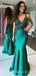 Mermaid Green Satin Beaded V Neck Appliques Long Backless Evening Prom Dresses, Cheap Custom prom dresses, MR7669