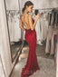 Sexy Backless Burgundy Sequin Spaghetti Straps  Long Mermaid Evening Prom Dresses, Cheap Custom Prom Dresses, MR7671