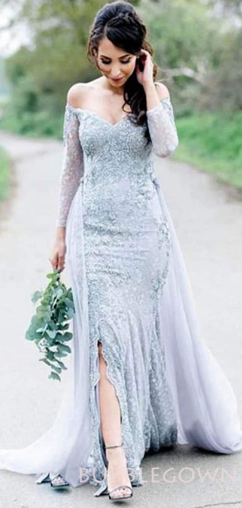 Off Shoulder Grey Lace Long Sleeves Mermaid Long Evening Prom Dresses, MR7675