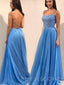 A-line Blue Tulle Beaded Spaghetti Straps Long Evening Prom Dresses, Cheap Custom Prom Dress, MR7676