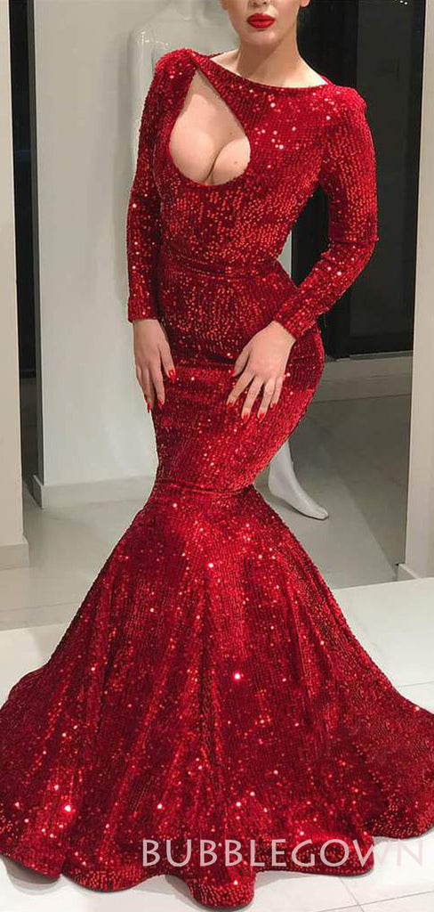 Mermaid Red Sequin Long Sleeves Long Evening Prom Dresses, Cheap Custom Prom Dresses, MR7687