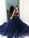 A-Line V-neck Navy Blue Tulle Beaded Long Evening Prom Dresses, Cheap Custom Prom Dresses, MR7691