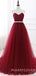 Burgundy Tulle A-line Beaded Strapless Long Evening Prom Dresses, Cheap Custom Prom Dress, MR7694