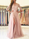 A-line Long Sleeves Pearl Pink Tulle Side Slit Long Lace Evening Prom Dresses, Cheap Custom Prom Dress, MR7698