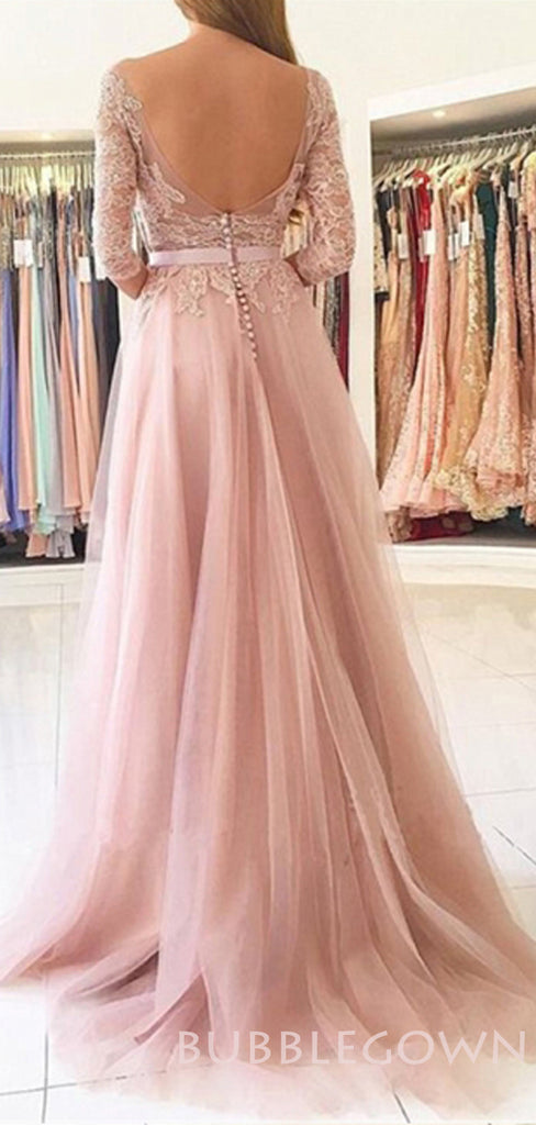 A-line Long Sleeves Pearl Pink Tulle Side Slit Long Lace Evening Prom Dresses, Cheap Custom Prom Dress, MR7698