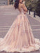 Deep V-neck Mermaid Pink Tulle Appliques Lace Long Evening Prom Dresses, MR7703