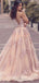 Deep V-neck Mermaid Pink Tulle Appliques Lace Long Evening Prom Dresses, MR7703