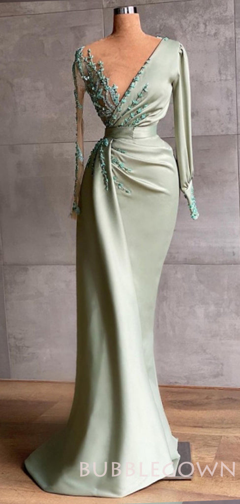 Mermaid Sage Satin V-neck Long Sleeves Long Evening Prom Dresses, Cheap Custom prom dresses, MR7710