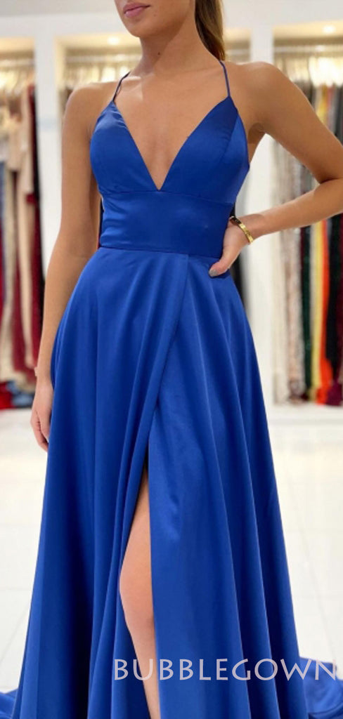 A-line Royal Blue Satin Spaghetti Straps Long Evening Prom Dresses Cheap Custom Prom Dresses, MR7711