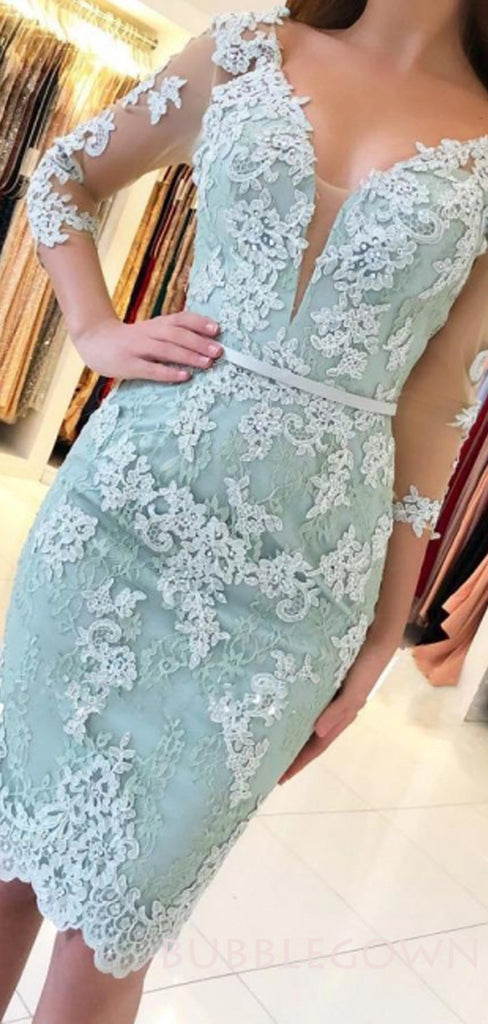 Mermaid Lace Long Sleeves V-neck Short Evening Prom Dresses, Homecoming Dresses, MR7714