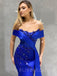 Off Shoulder Blue Satin Mermaid Beaded Long Evening Prom Dresses, Cheap Custom prom dresses, MR7716