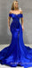 Off Shoulder Blue Satin Mermaid Beaded Long Evening Prom Dresses, Cheap Custom prom dresses, MR7716