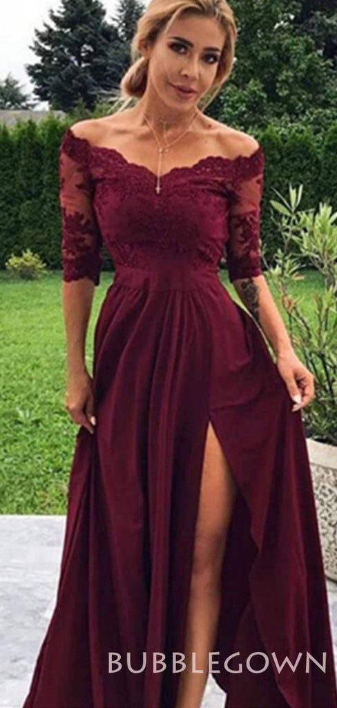 Off Shoulder Half Sleeves A-line Burgundy Satin Appliques Long Evening Prom Dresses, Cheap Custom prom dresses, MR7726