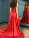 Mermaid Burgundy Satin Beaded V Neck Long Backless Evening Prom Dresses, Cheap Custom prom dresses, MR7736