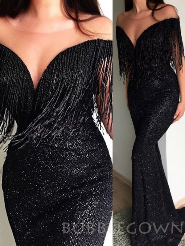 Off Shoulder Mermaid Black Sequin V-neck Long Evening Prom Dresses, Cheap Custom Prom Dresses, MR7738