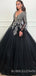 Long Sleeves Appliques Deep V-neck Ball Gown Black Tulle Long Evening Prom Dresses, Cheap Custom Prom Dresses, MR7741