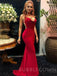 Mermaid Red Satin Spaghetti Straps Long Backless Evening Prom Dresses, Cheap Custom prom dresses, MR7748