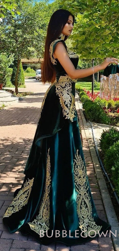 Mermaid Green Velvet Appliques Long Evening Prom Dresses, Cheap Custom Prom Dresses, MR7753