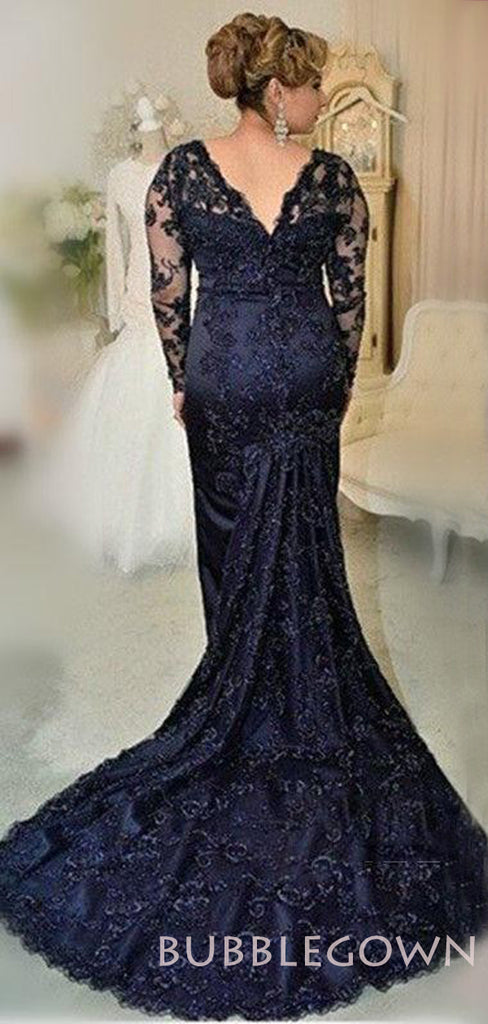 Long Sleeves Navy Blue Tulle Applique Beaded Long Evening Prom Dresses, MR7758