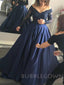 Off Shoulder Navy Blue Satin A-line Beaded Long Evening Prom Dresses, Cheap Custom prom dresses, MR7759