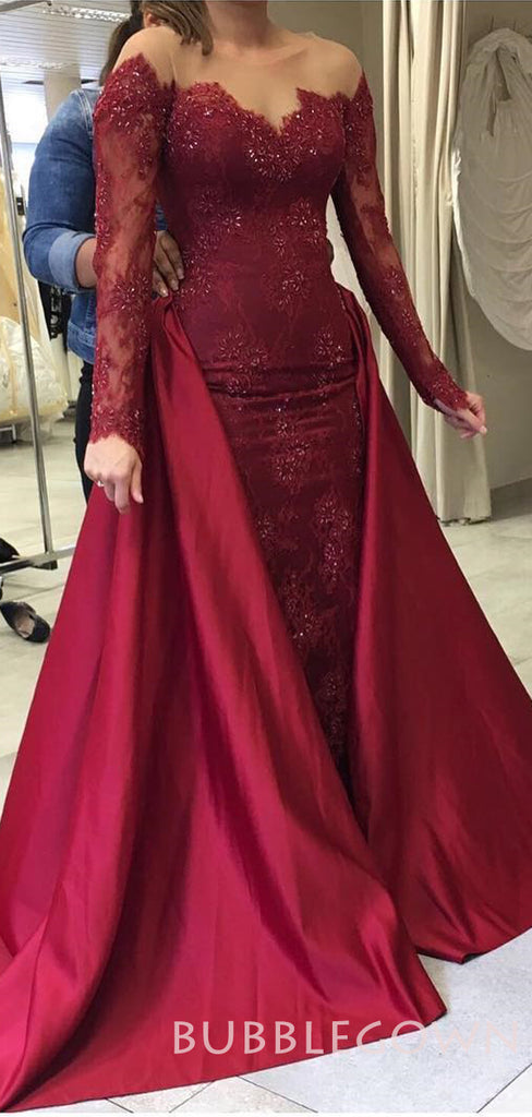 Mermaid Burgundy Lace Long Sleeves Applique bateau Long Evening Prom Dresses, MR7765