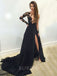 A-line Long Sleeves Applique Side Slit  Black Long Evening Prom Dresses, MR7766