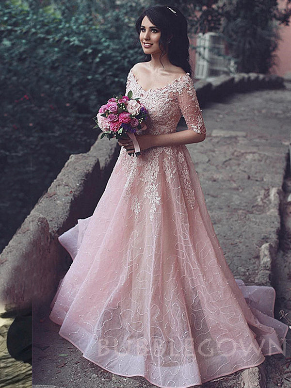 A-line Pink Tulle Appliques Lace Long Evening Prom Dresses, Cheap Custom Prom Dresses, MR7767