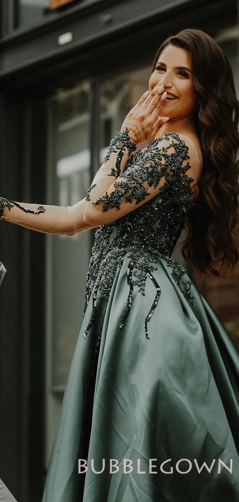 A-line Dark Green Satin Appliques Long Evening Prom Dresses, Cheap Custom Prom Dress, MR7778