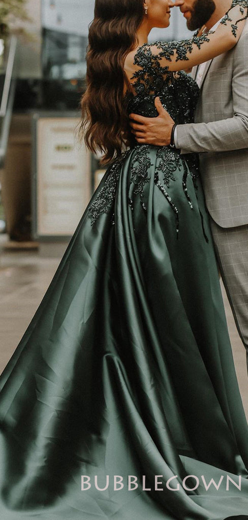 A-line Dark Green Satin Appliques Long Evening Prom Dresses, Cheap Custom Prom Dress, MR7778