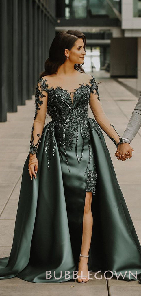 A-line Dark Green Satin Appliques Long Evening Prom Dresses, Cheap Custom Prom Dress, MR7778