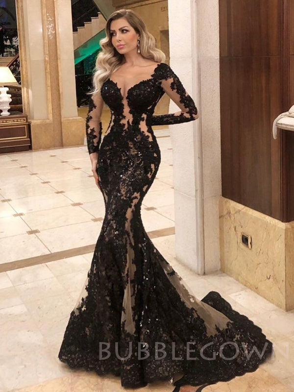 Long Sleeves Mermaid Black Lace Appliques Long Evening Prom Dresses, MR7784