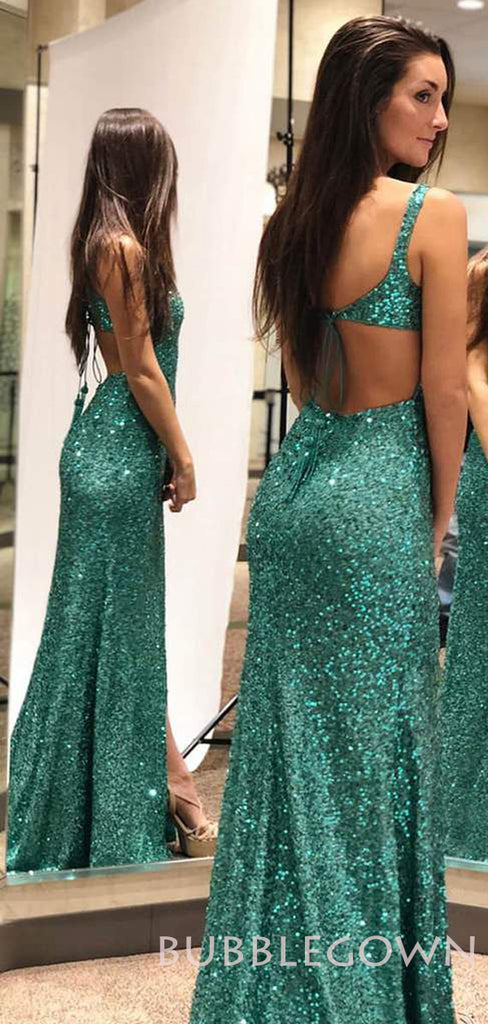 Green Sequin Spaghetti Straps  Long Mermaid Evening Prom Dresses, Cheap Custom Prom Dresses, MR7789