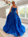 Blue Tulle A-line Spaghetti Straps Appliques Lace Long Evening Prom Dresses, MR7797