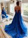 Blue Tulle A-line Spaghetti Straps Appliques Lace Long Evening Prom Dresses, MR7797