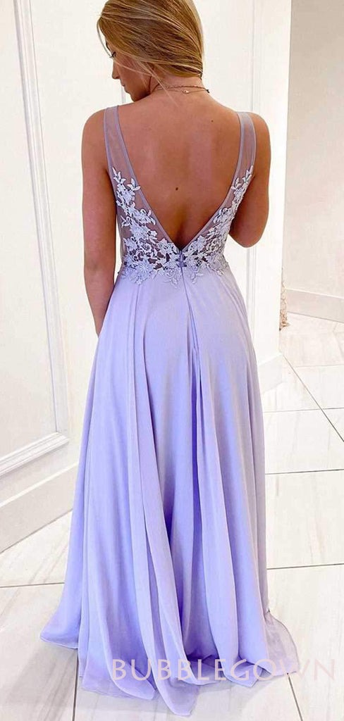 Lavender Chiffon A-line Appliques Long Evening Prom Dresses, Cheap Custom Prom Dresses, MR7799