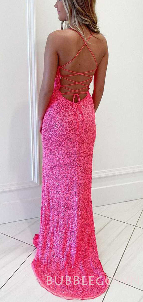 Mermaid Hot Pink Sequin Spaghetti Straps Long Evening Prom Dresses, Cheap Custom Prom Dresses, MR7800