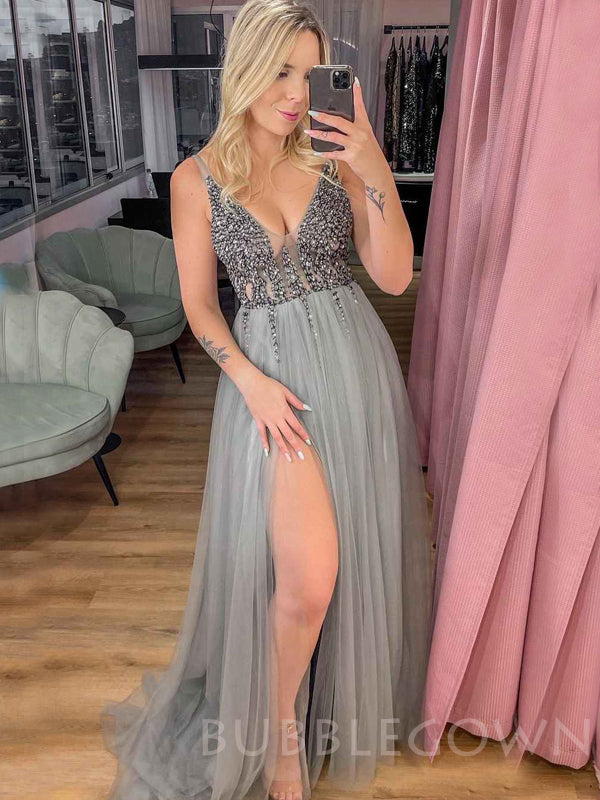 Grey Tulle See Through V-neck Beaded Long Evening Prom Dresses, Cheap Custom V-back Prom Dress, MR7805