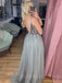 Grey Tulle See Through V-neck Beaded Long Evening Prom Dresses, Cheap Custom V-back Prom Dress, MR7805