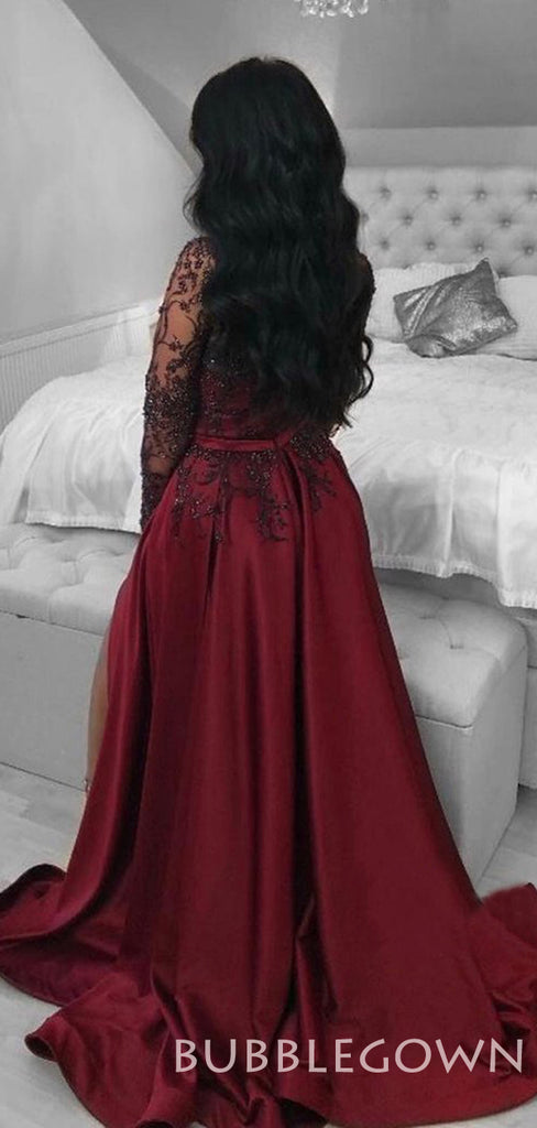 Long Sleeves A-line Burgundy Satin Appliques Long Evening Prom Dresses, Cheap Custom Prom Dresses, MR7808