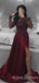 Long Sleeves A-line Burgundy Satin Appliques Long Evening Prom Dresses, Cheap Custom Prom Dresses, MR7808