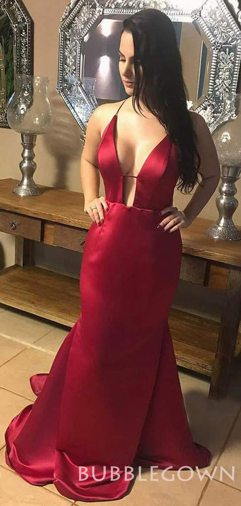 Sexy Deep V-neck Burgundy Satin Mermaid Long Evening Prom Dresses, Cheap Custom Prom Dresses, MR7815