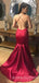 Sexy Deep V-neck Burgundy Satin Mermaid Long Evening Prom Dresses, Cheap Custom Prom Dresses, MR7815