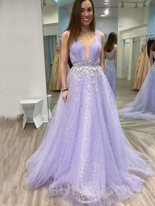 Lilac Tulle Deep V-neck Beaded Long Evening Prom Dresses, Cheap Custom Prom Dress, MR7817