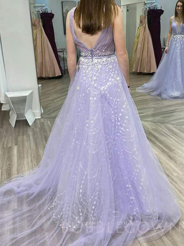 Lilac Tulle Deep V-neck Beaded Long Evening Prom Dresses, Cheap Custom Prom Dress, MR7817