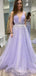 Lilac Tulle Deep V-neck Beaded Long Evening Prom Dresses, Cheap Custom Prom Dress, MR7817