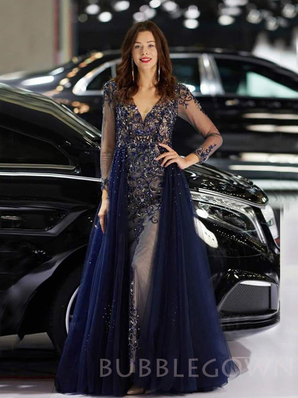 A-line Long Sleeves NavyBlue Tulle Appliques Lace Long Evening Prom Dresses, MR7826