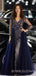 A-line Long Sleeves NavyBlue Tulle Appliques Lace Long Evening Prom Dresses, MR7826